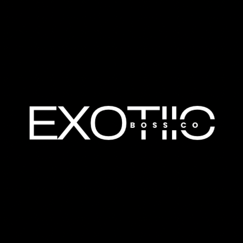 White 'Exotic Boss Co' logo on a black background
